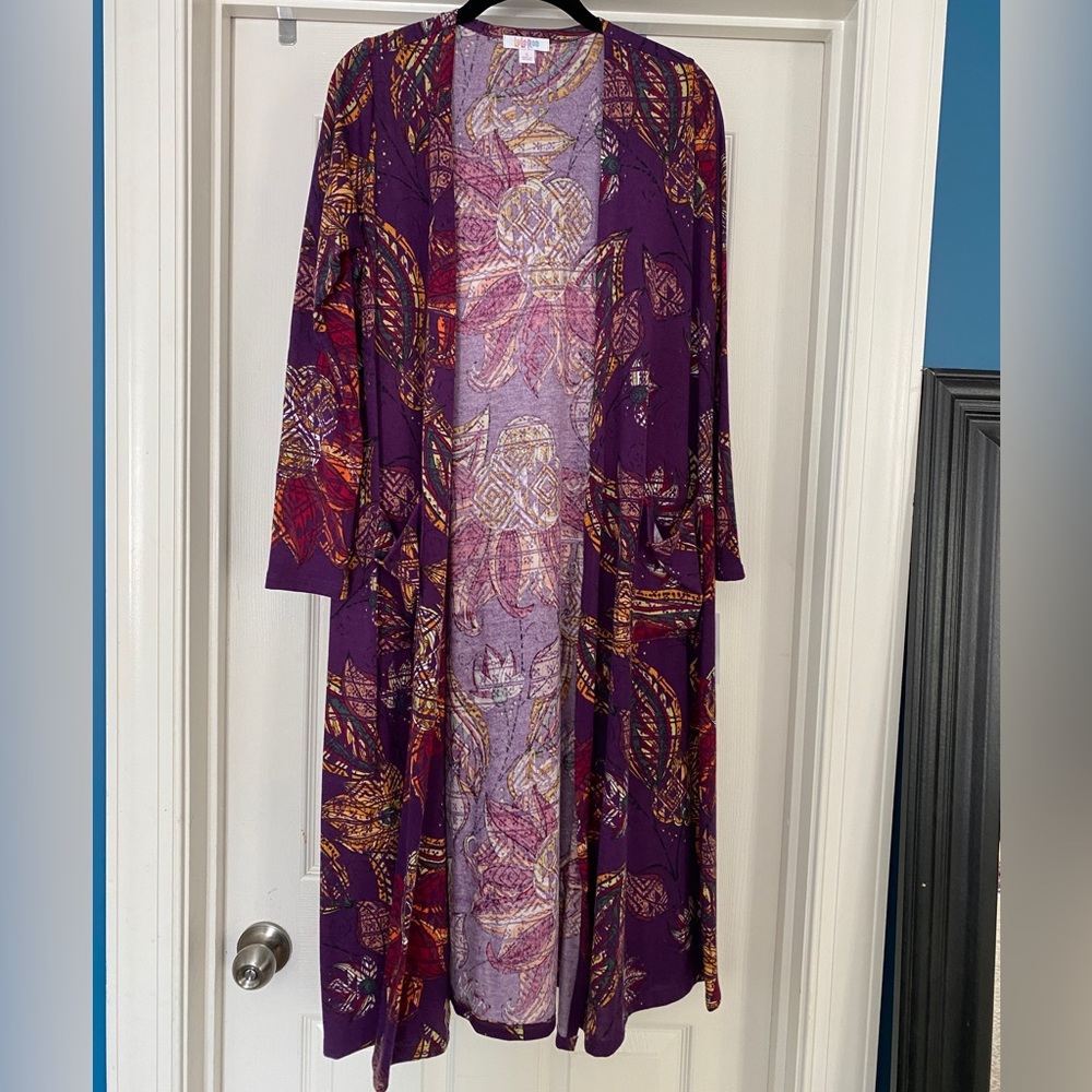 Lularoe Purple Floral Design Sarah Cardigan Duster Sweater Size small